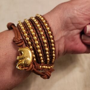 Handmade Gold and Brown Leather, Elephant Button Beaded Wrap Bracelet. NEW